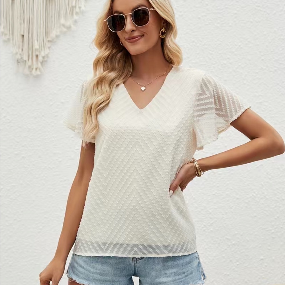 Jacquard Short Sleeve Blouse, V Neck casual top